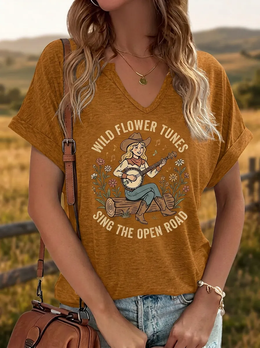 Banjo Cowgirl Women's Country Music V-Neck T-Shirt