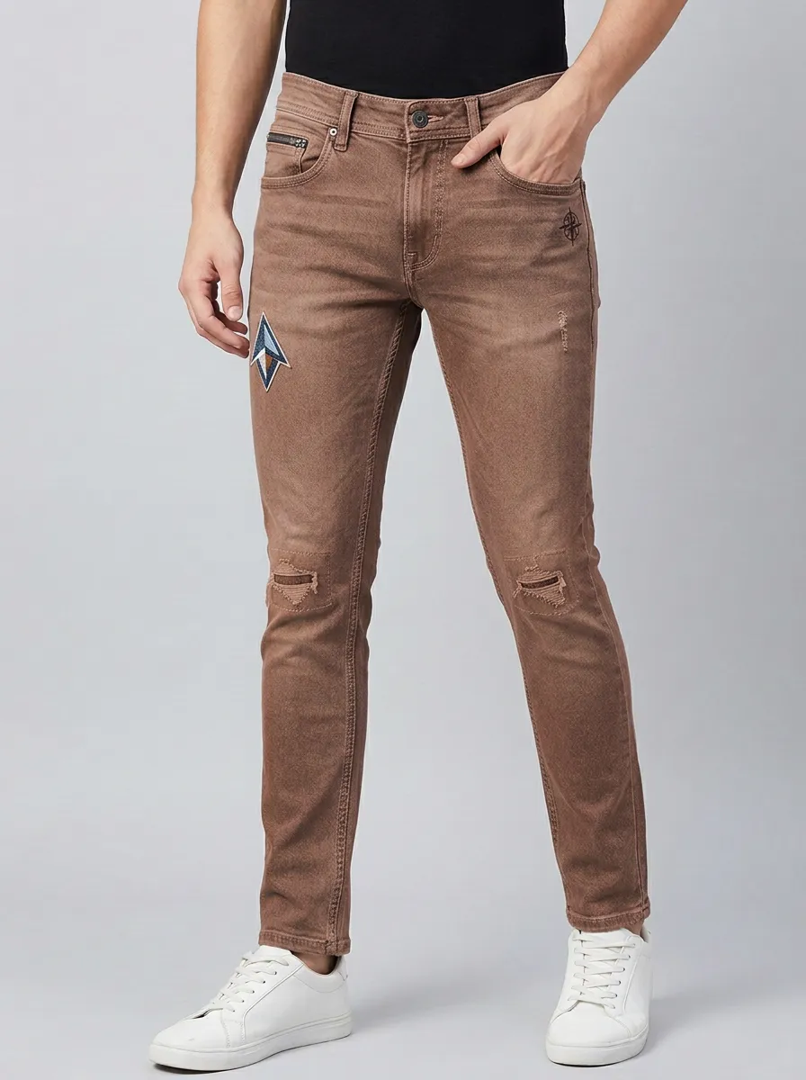 Men's Geometric Patch Distressed Graphic Slim-Fit Jeans