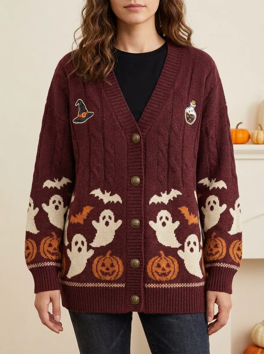 Women's Halloween Ghost Pumpkin Bat Pattern Printed Cardigan