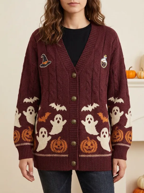 Women's Halloween Ghost Pumpkin Bat Pattern Printed Cardigan