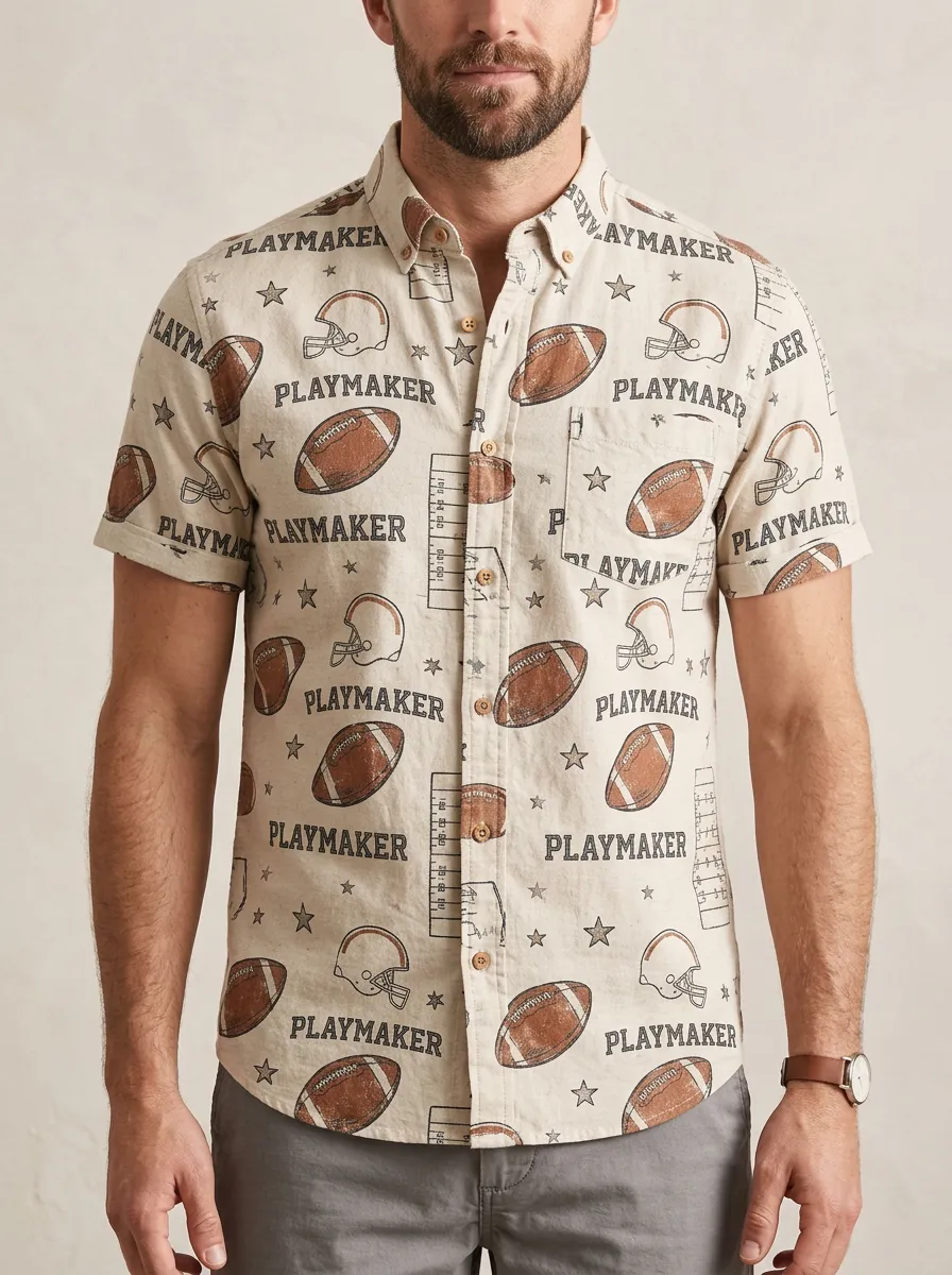 Men's American Football Playmaker Helmet Printed Button-Down Shirt
