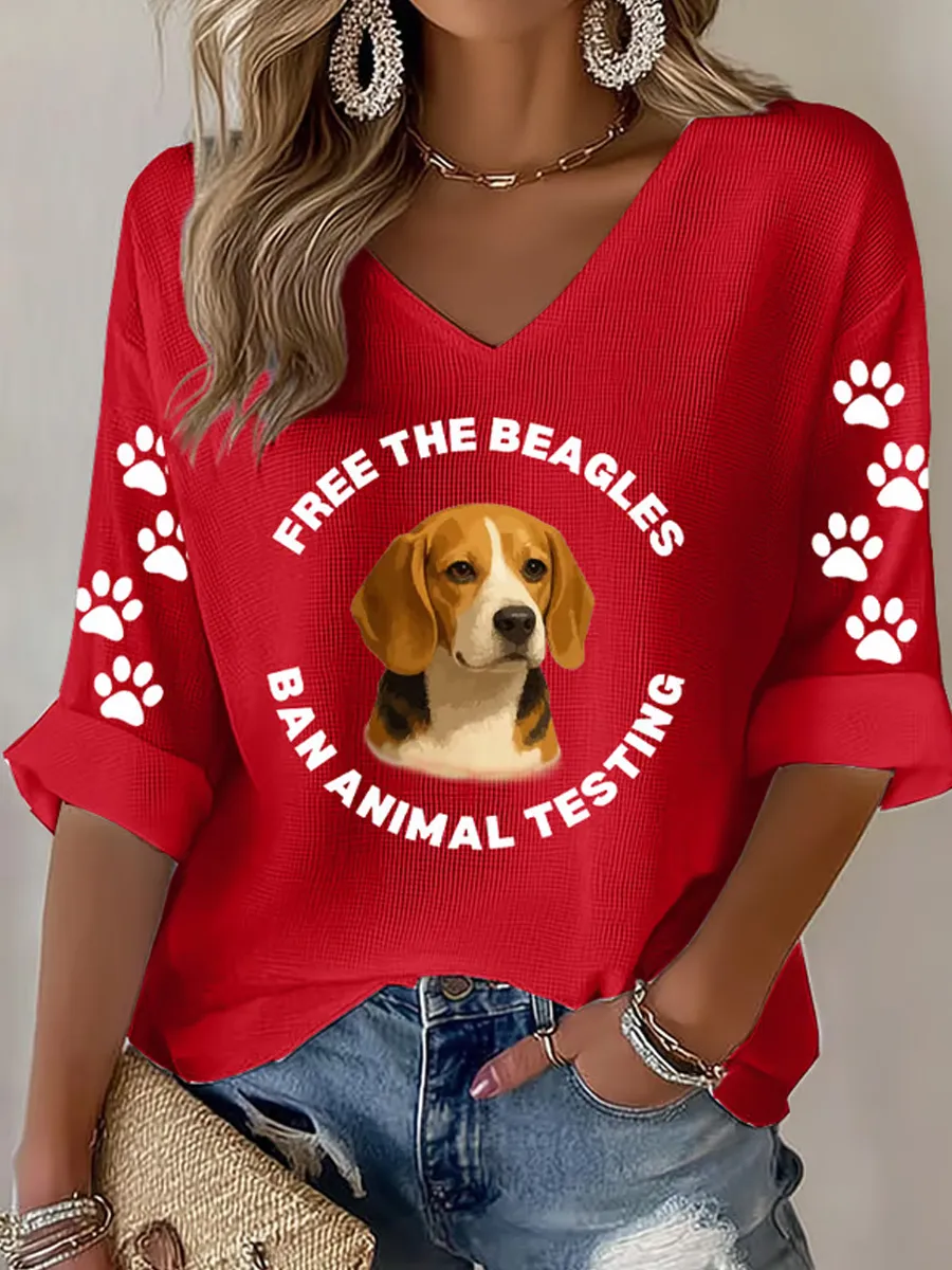 Women's Save The Beagles Print V Neck Top