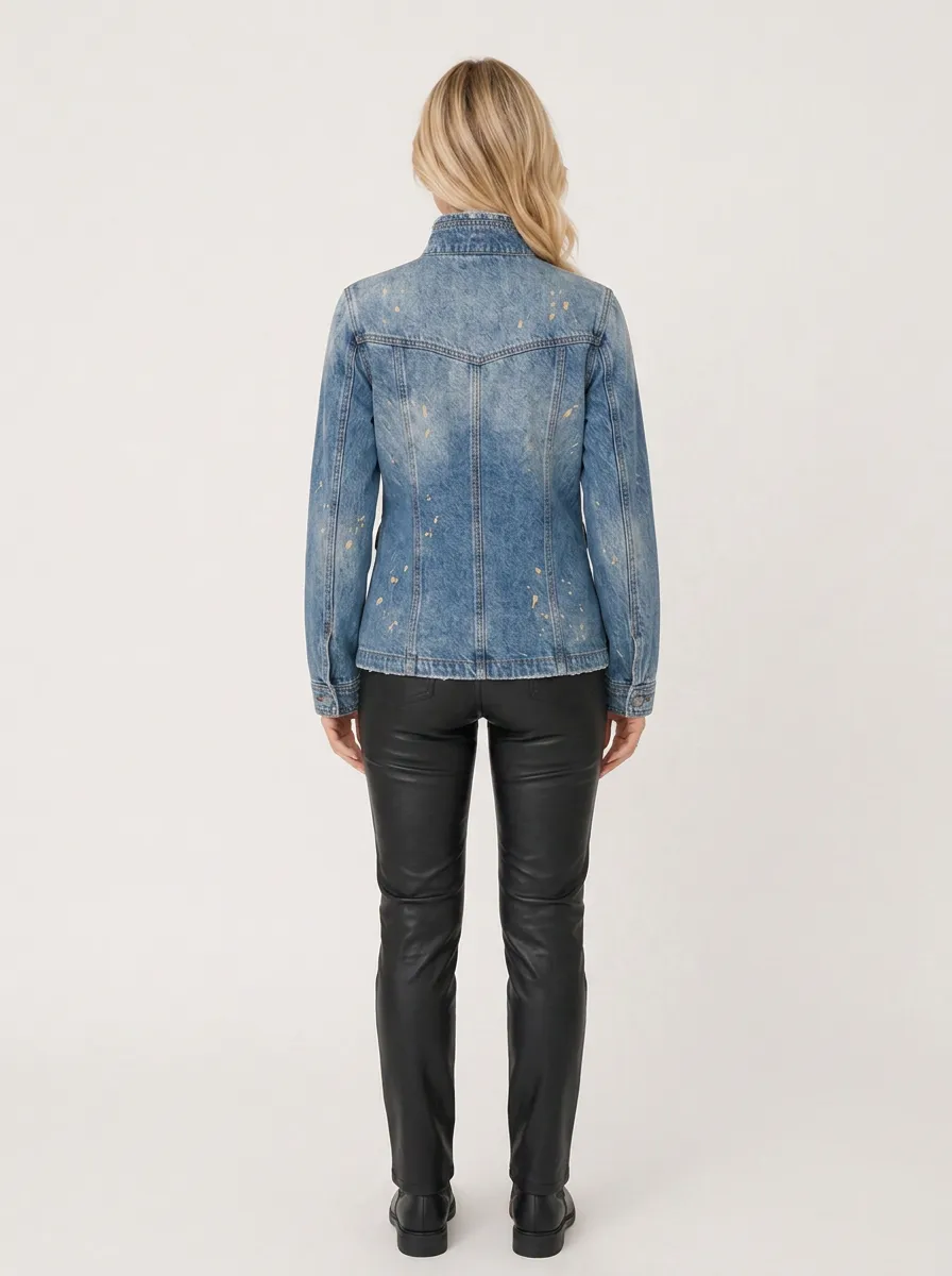 Women's Distressed Vintage Wash Paint Splatter Zip-Up Denim Jacket