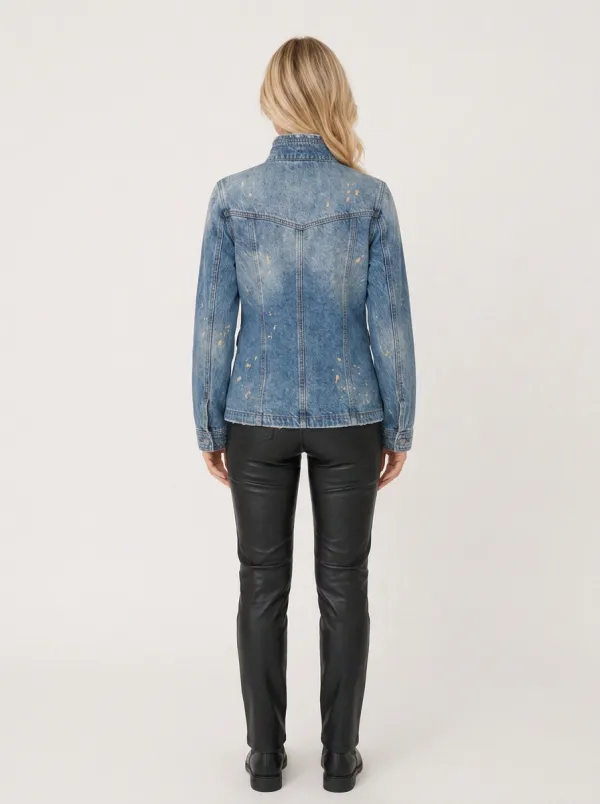Women's Distressed Vintage Wash Paint Splatter Zip-Up Denim Jacket