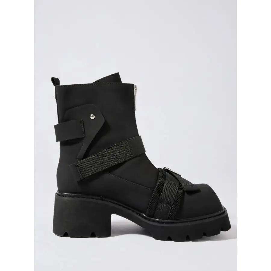 Chunky Platform Boots with Buckle Straps and Front Zip