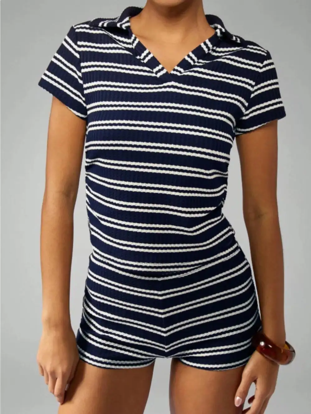 Striped Knit Short Sleeve Top Shorts Set