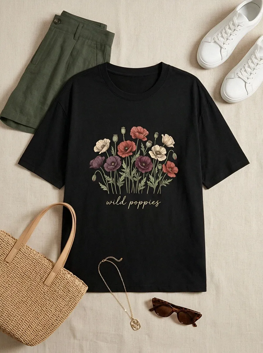 Women's Botanical Nature Lover Wild Poppies Printed T-shirt