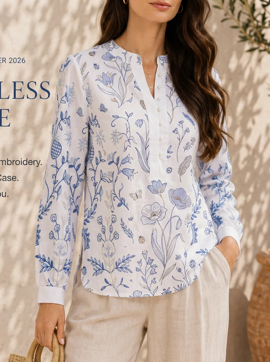 Women's Floral Botanical Butterfly Printed V-Neck Long Sleeve Shirt