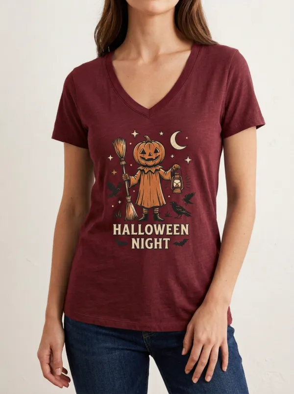 Women's Halloween Pumpkin Scarecrow Broom Lantern Printed V-neck T-shirt