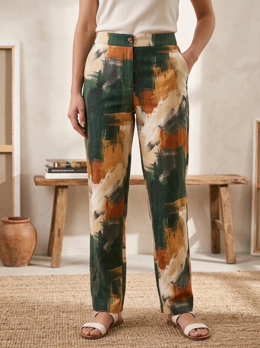 Women's Abstract Art Style Green Brown Brushstroke Printed Pants