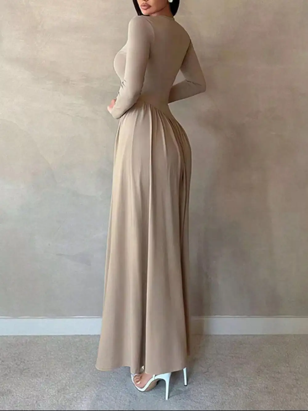 Long Sleeve Ruched A Line Maxi Dress