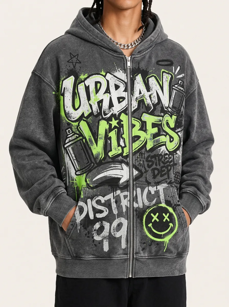 Men's Urban Vibes Graffiti Smiley Printed Zip Up Hoodie