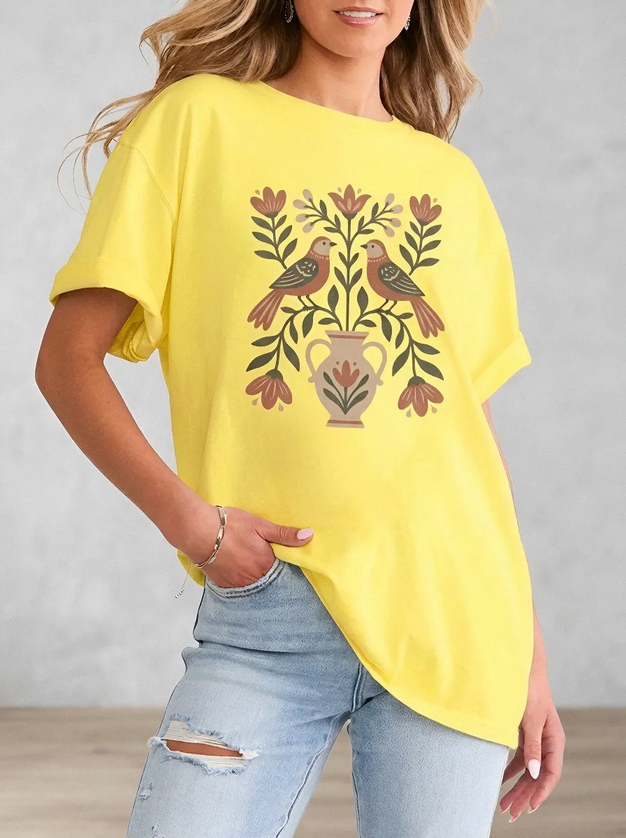 Women's Nature Lover Bird and Floral Vase Printed T-shirt