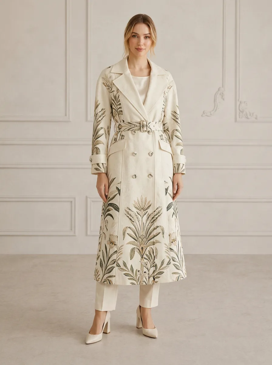 Women's Botanical Floral Pattern Printed Trench Coat