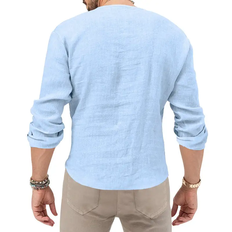 Men's Relaxed Linen Tunic Shirt With Open Slit Collar And Rounded Hem