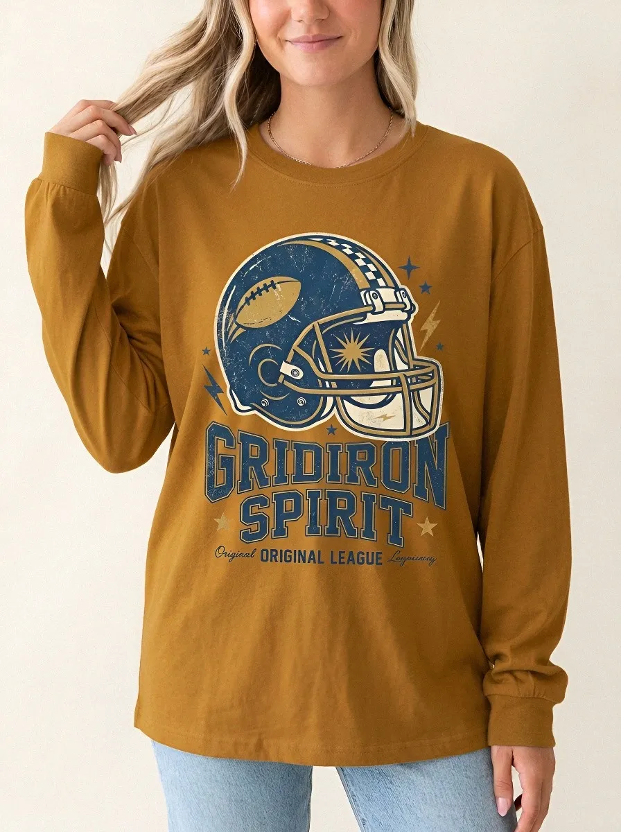 Women's Football Fan Gridiron Spirit Helmet Printed Long Sleeve Shirt