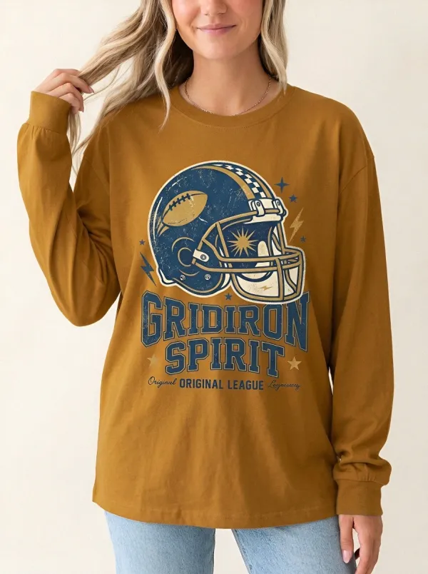 Women's Football Fan Gridiron Spirit Helmet Printed Long Sleeve Shirt