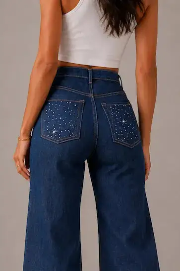 Wide Leg High Waist Rhinestone Detail Retro Style Denim Jeans