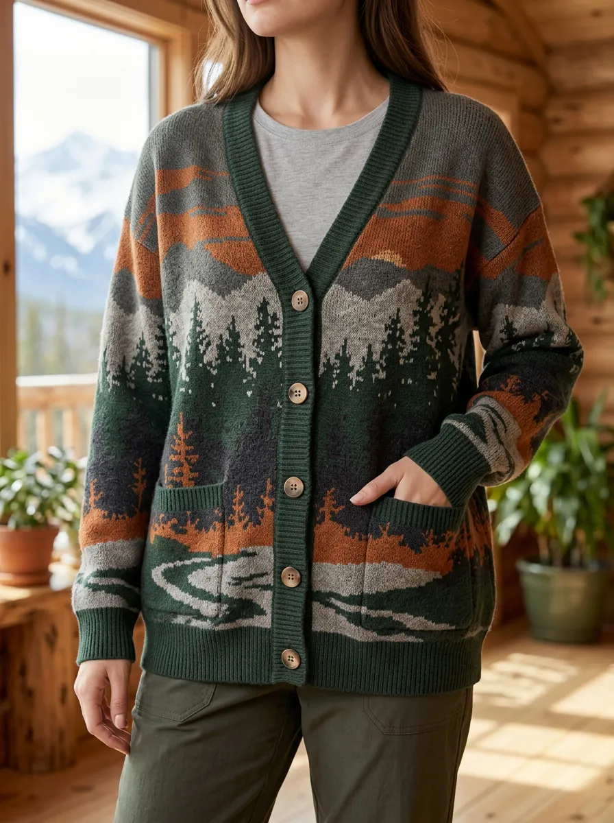 Women's Nature Lover Mountain Forest Printed Hip Length Versatile Style Cardigan