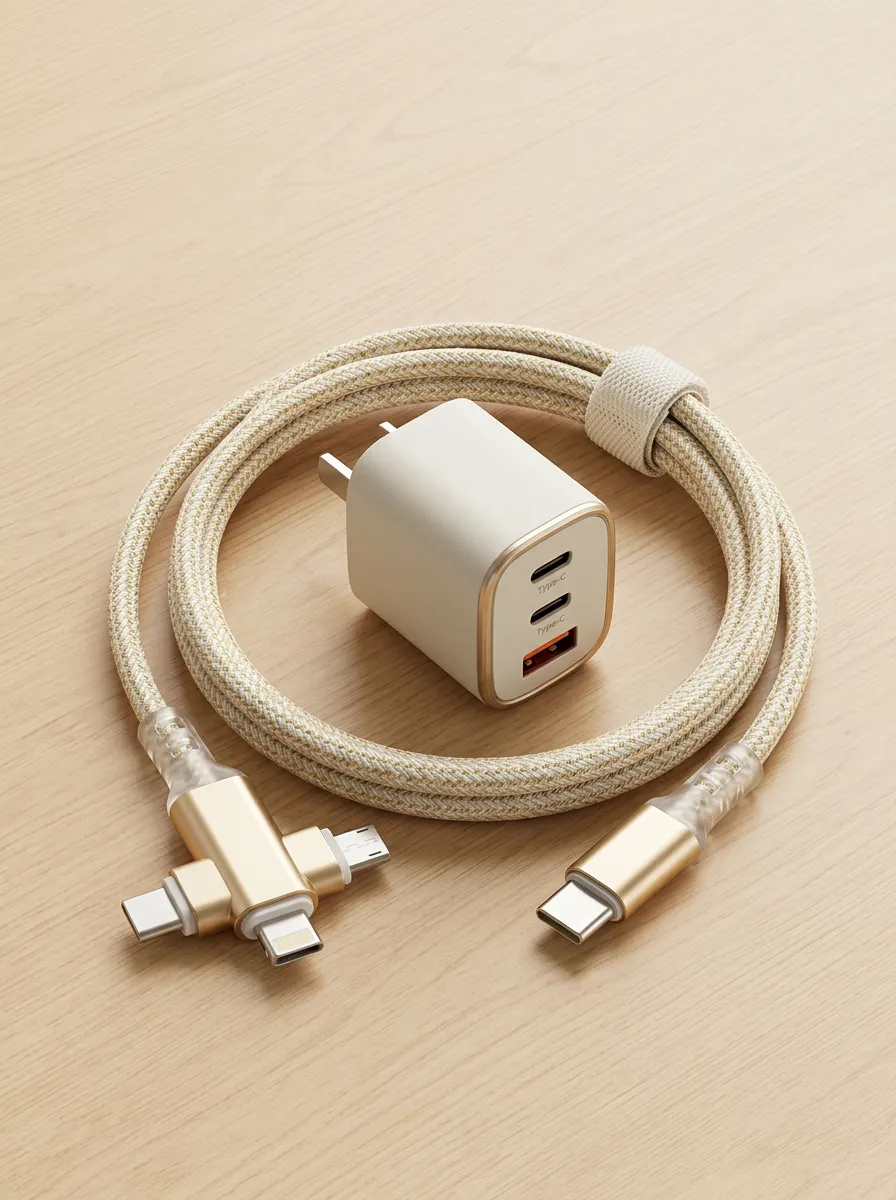 Gold Braided Multi-Port Charger and Cable Set