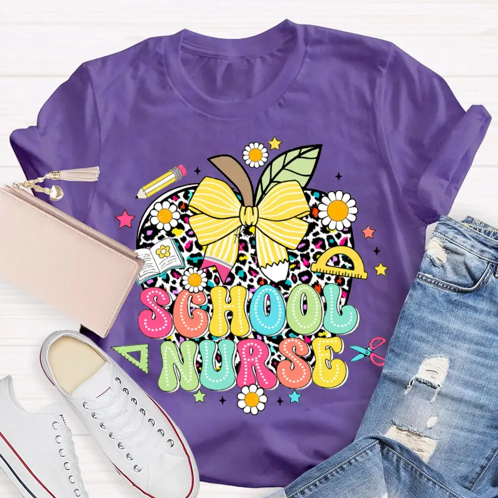 School Nurse Polka Dot Apple And Bow T-Shirt