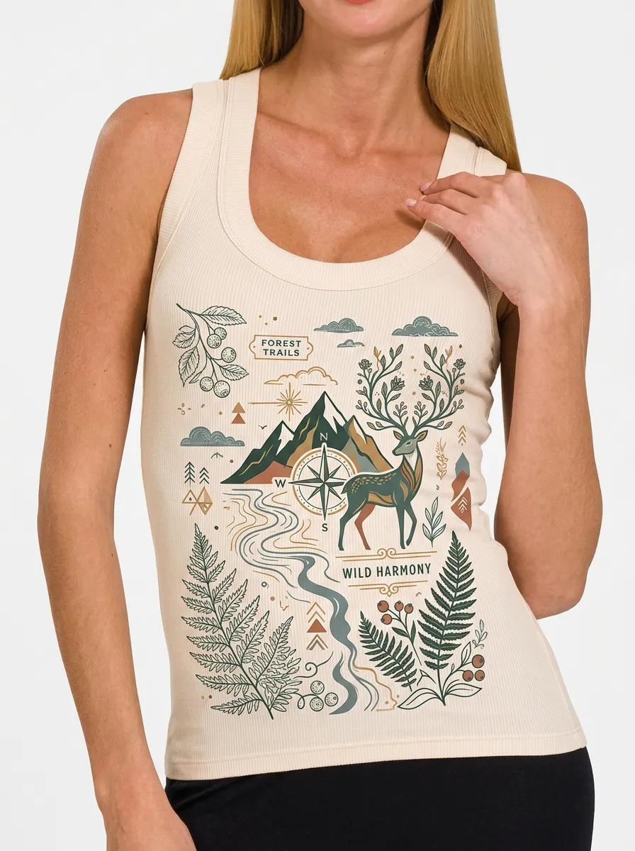 Women's Nature Lover Forest Deer Compass Printed Tank Top