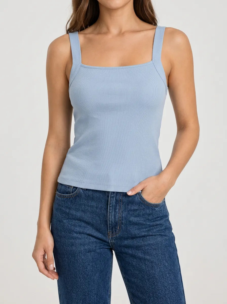 Women's Classic Layered Square Neck Wide Strap Ribbed Straight Hem Camisole Top