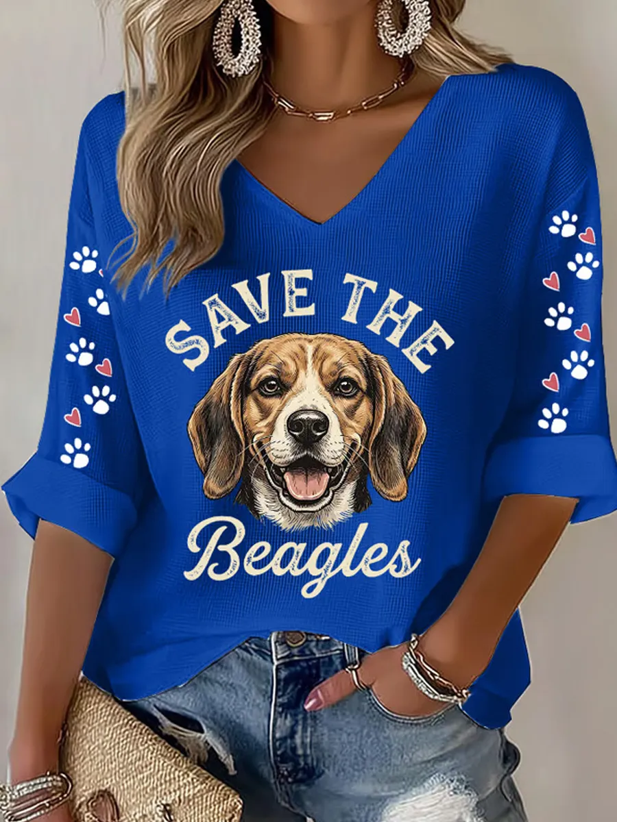 Women's Save The Beagles Print V Neck Top