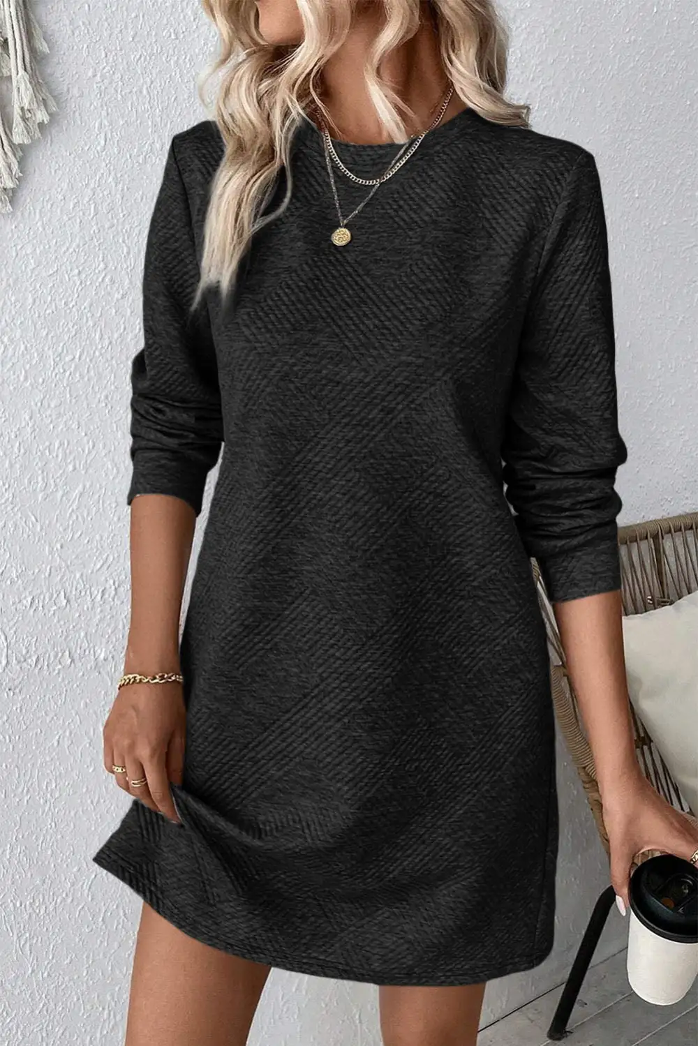 Textured Long Sleeve Shift Mini Dress