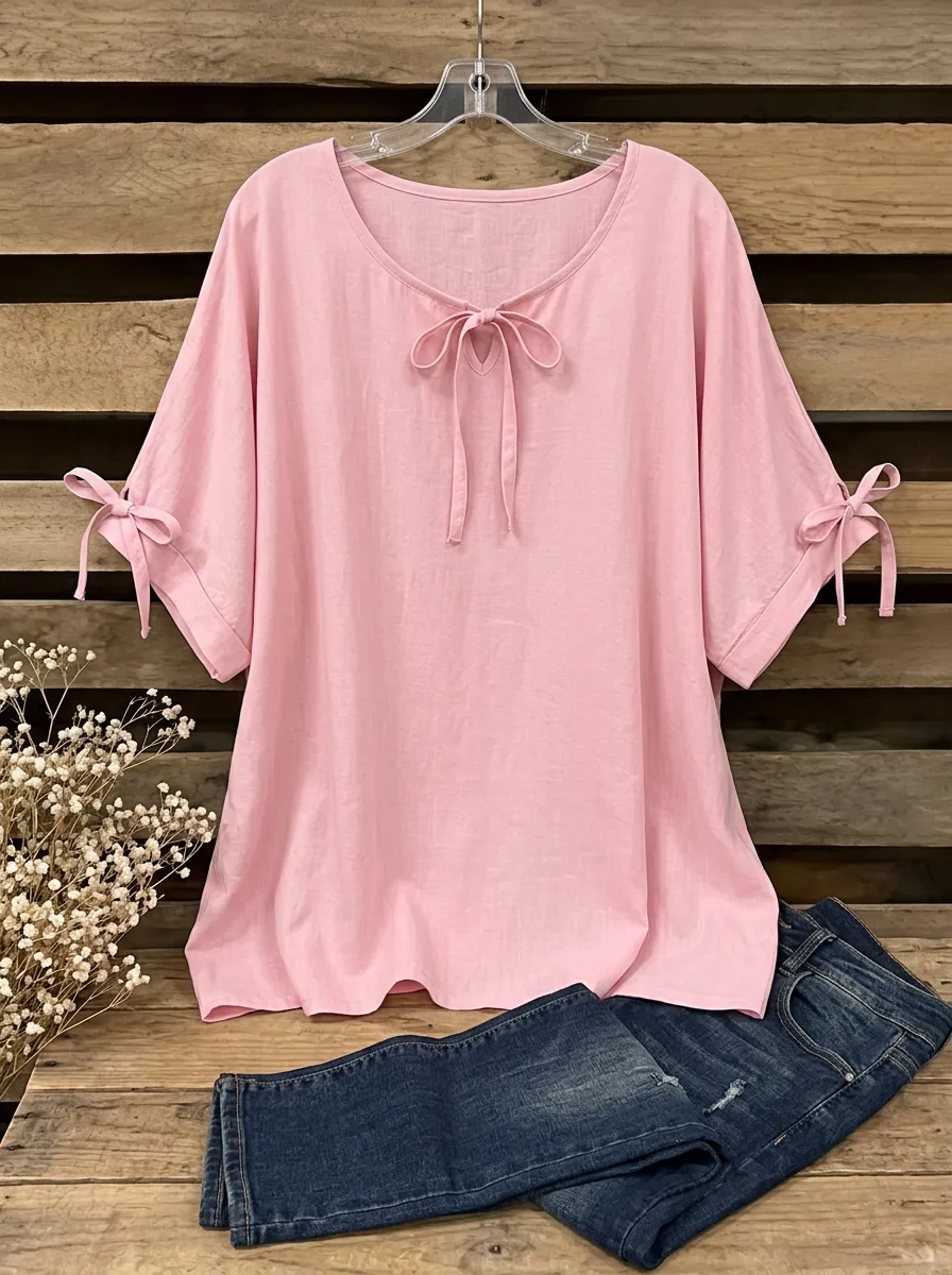 Women's Round Neck Tie-neck Relaxed Blouse