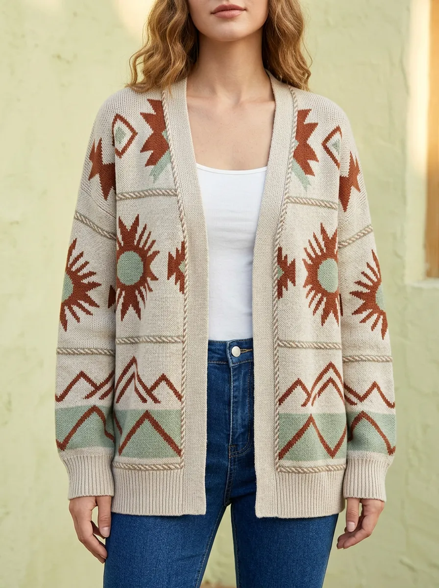 Women's Western Boho Sun Mountain Pattern Knitted Cardigan