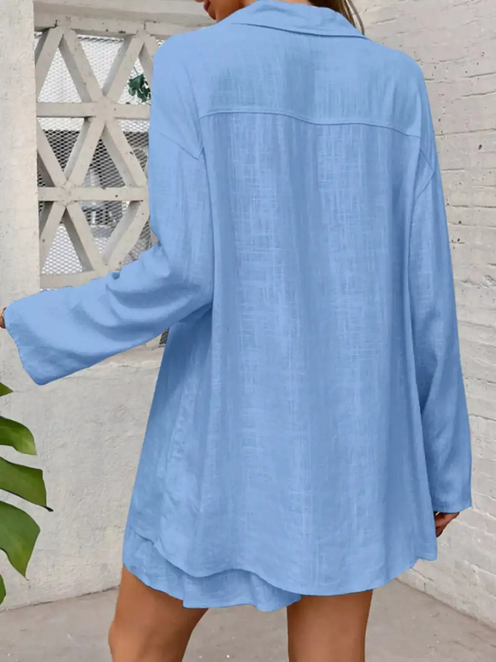 Button Up Roll Up Sleeve Shirt Shorts Set