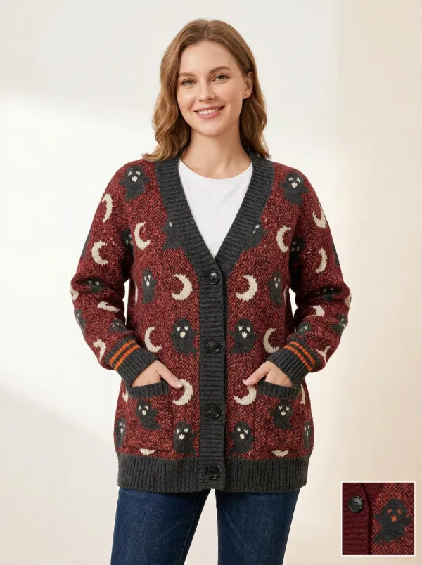 Women's Ghost Moon Halloween Knit Cardigan