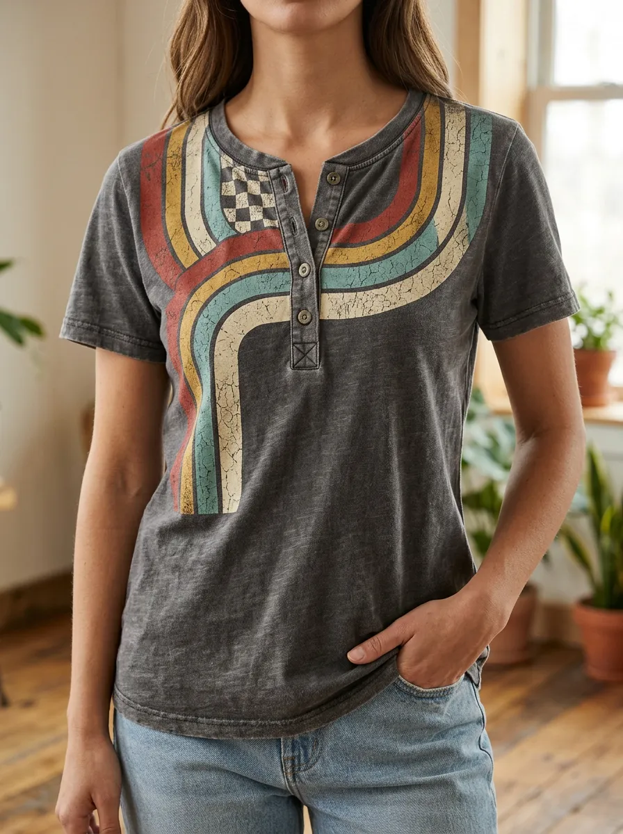 Women's Modern Retro 70s Rainbow Checkerboard Henley T-Shirt