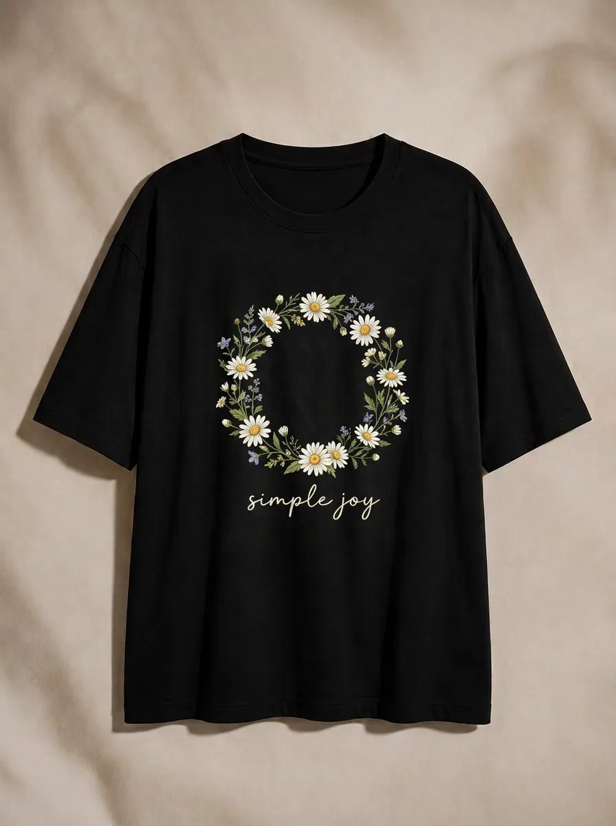 Women's Nature Lover Daisy Wreath Simple Joy Printed T-shirt