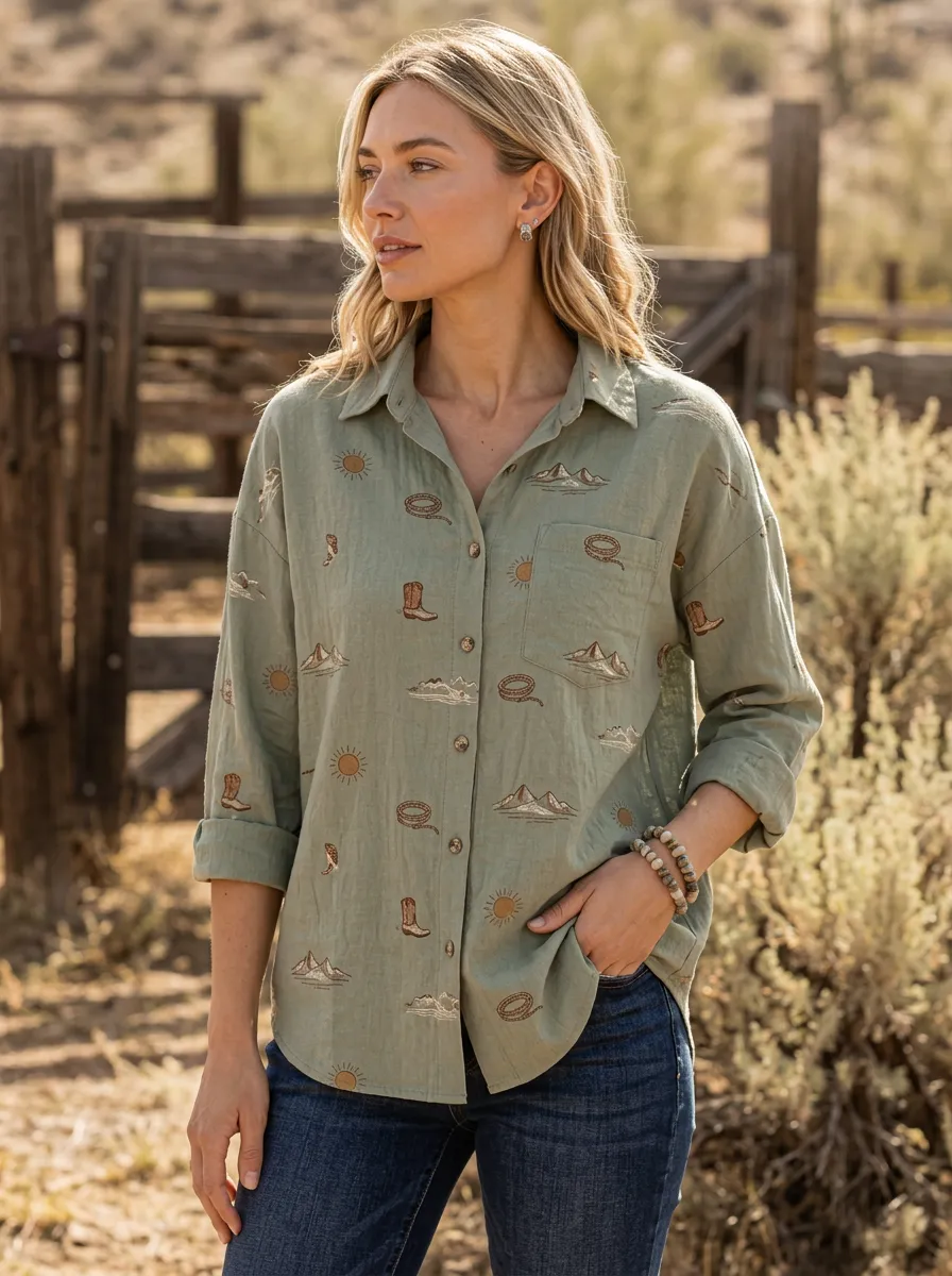 Women's Western Cowboy Boot Mountain Sun Printed Cotton Linen Shirt