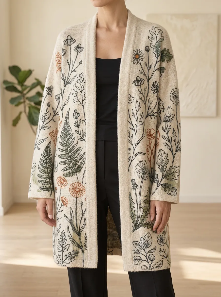 Women's Botanical Nature Lover Wildflower Printed Open Front Everyday Layering Cardigan