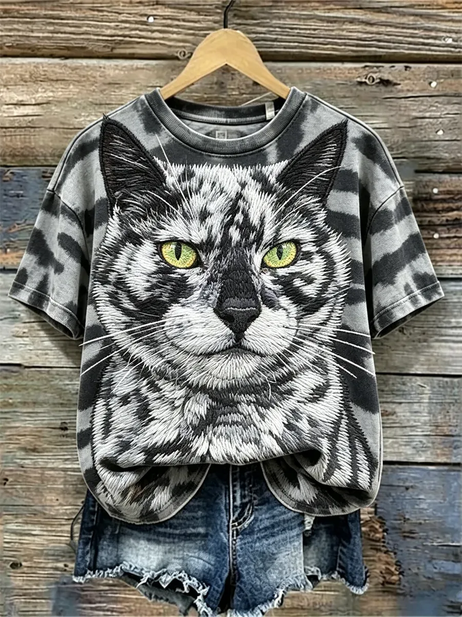 Women'S Unique Cat Face & Tabby Pattern Print Short-Sleeved T-Shirt