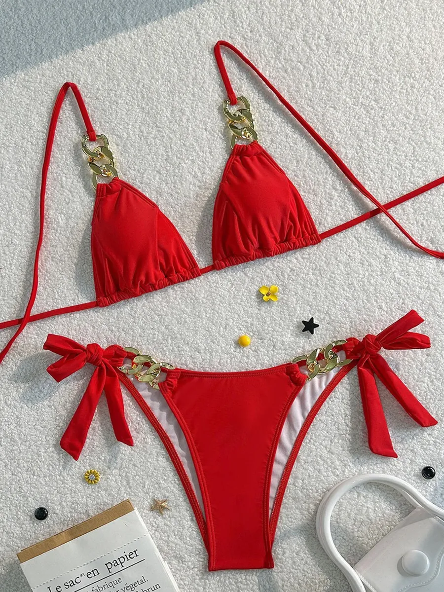 Leandra Metal-Embellished Ruched Bikini