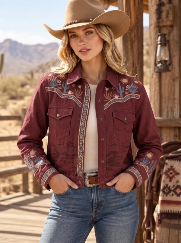 Women's Western Cactus Desert Embroidered Denim Jacket