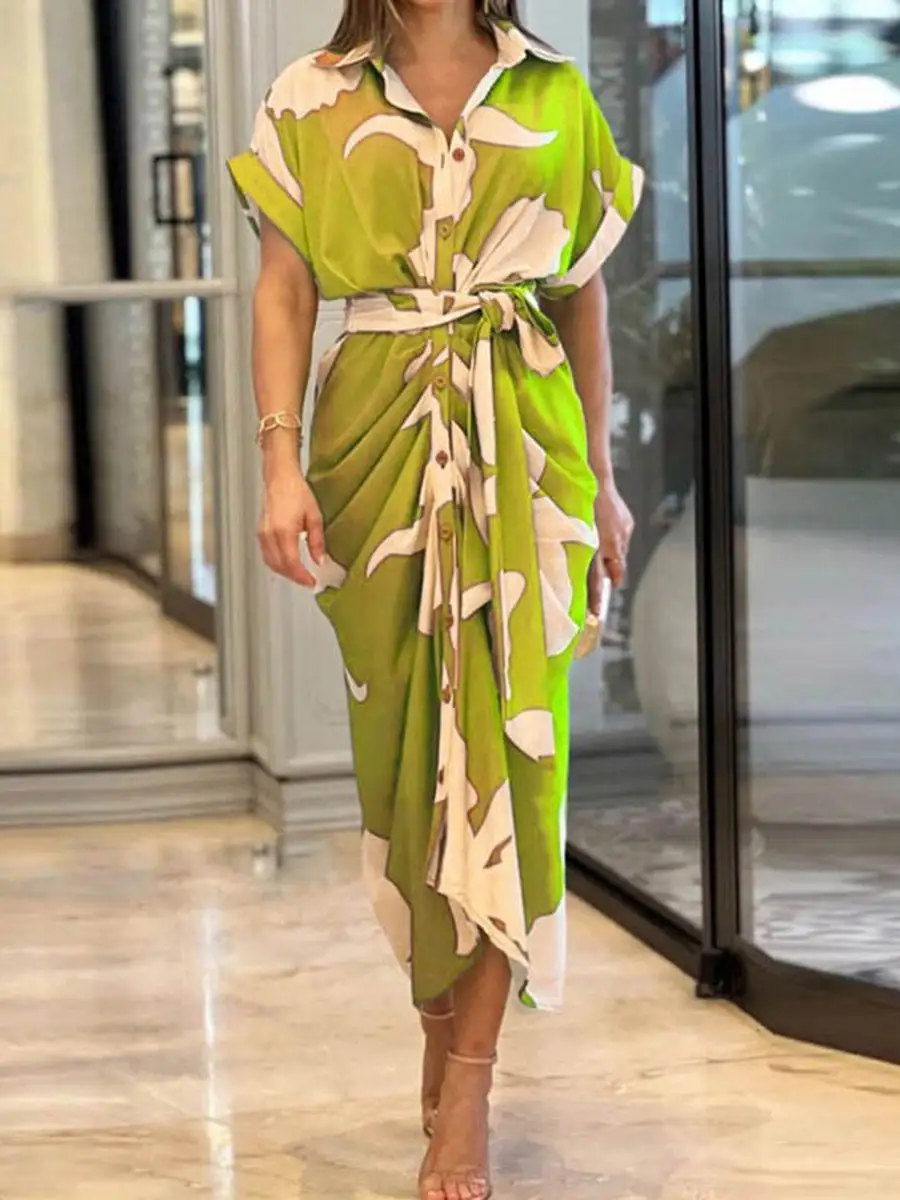 Elasticated Pleated Buttoned Shirt Maxi Dress