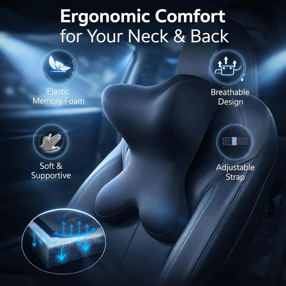 Car Neck Pillow for Driving Car Headrest Pillow Soft Memory Foam Neck Pillow for Car with Adjustable Strap and Removable Cover, Ergonomic Design for Car, Office Chair, Gaming Chair