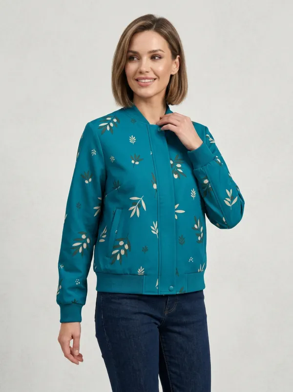 Women's Olive Branch Botanical Pattern Bomber Jacket
