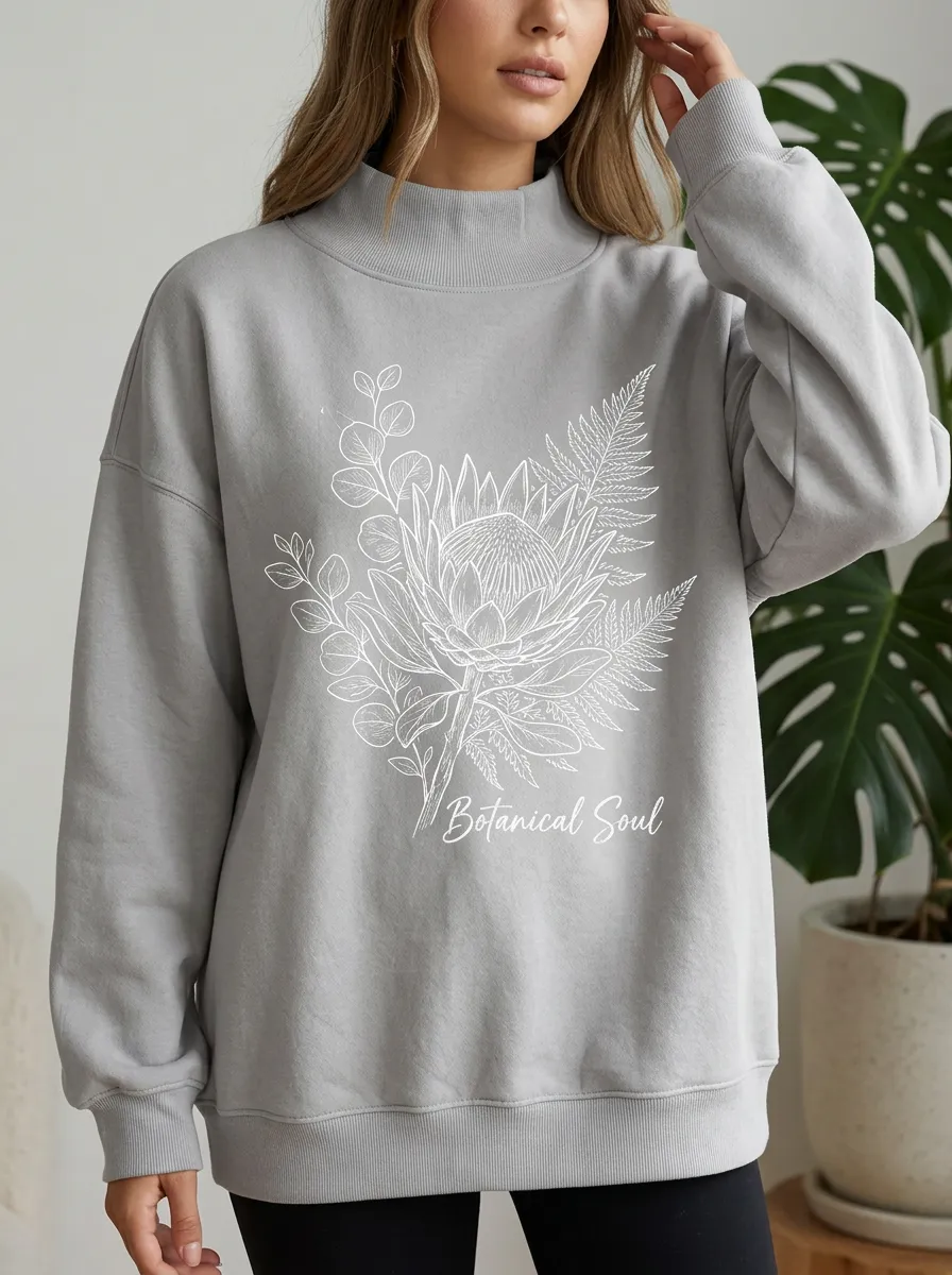 Botanical Soul Protea Flower Mock Neck Sweatshirt