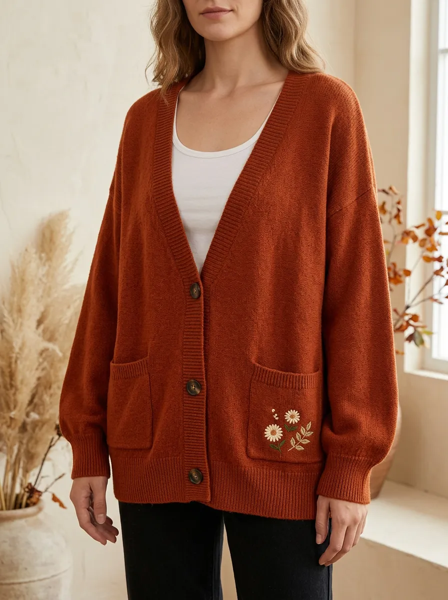 Relaxed Daisy Floral Embroidered Women's Knit Cardigan
