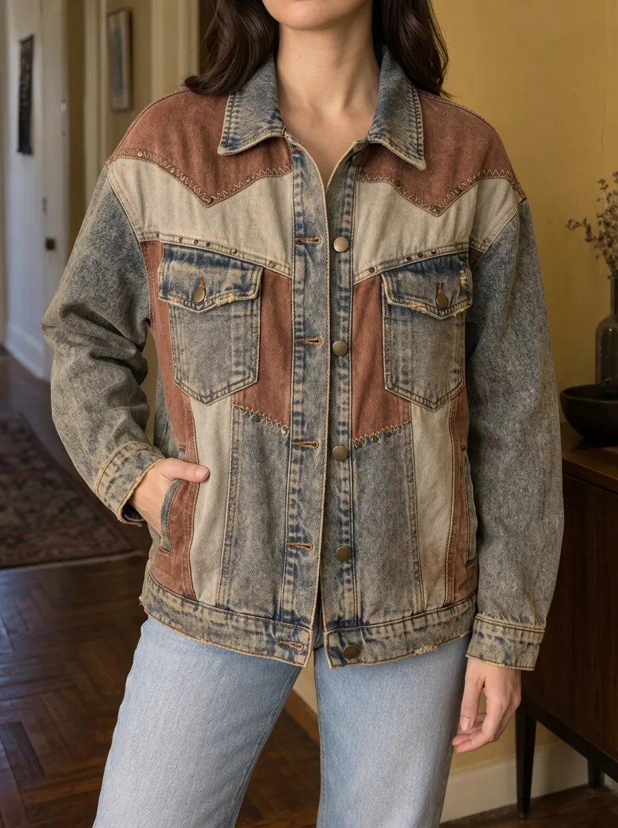 Women's Western Vintage Patchwork Acid Wash Denim Jacket