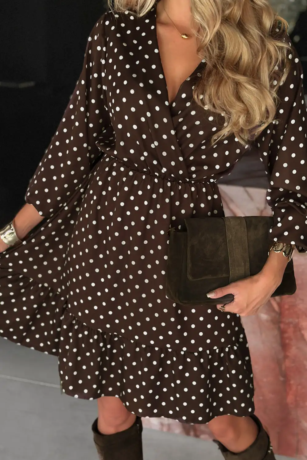Polka Dot Ruffle Trim Wrap Style Mini Dress