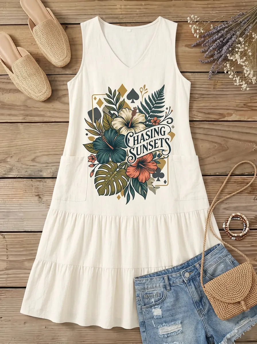 Tropical Floral Playing Card Chasing Sunsets Tank Dress