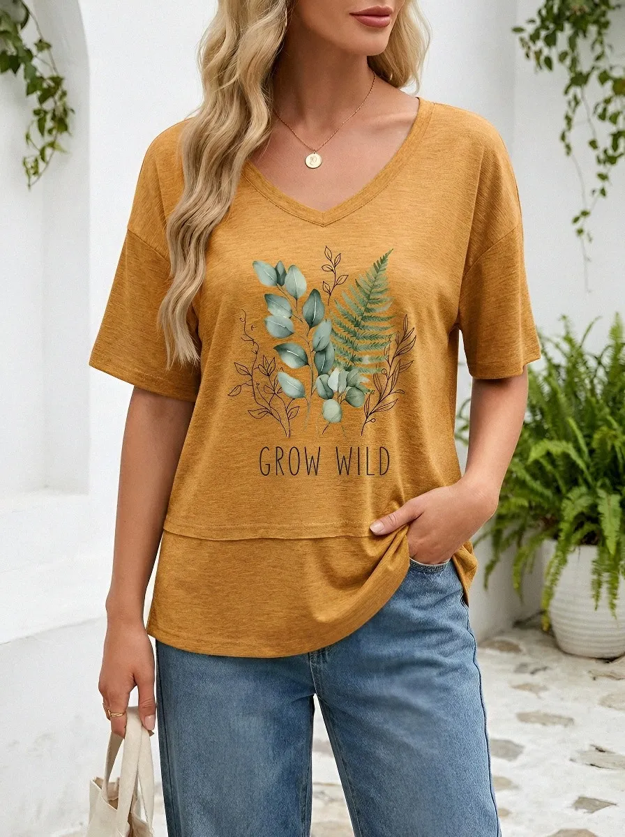 Women's Nature Lover Grow Wild Fern Eucalyptus Printed V-neck T-shirt