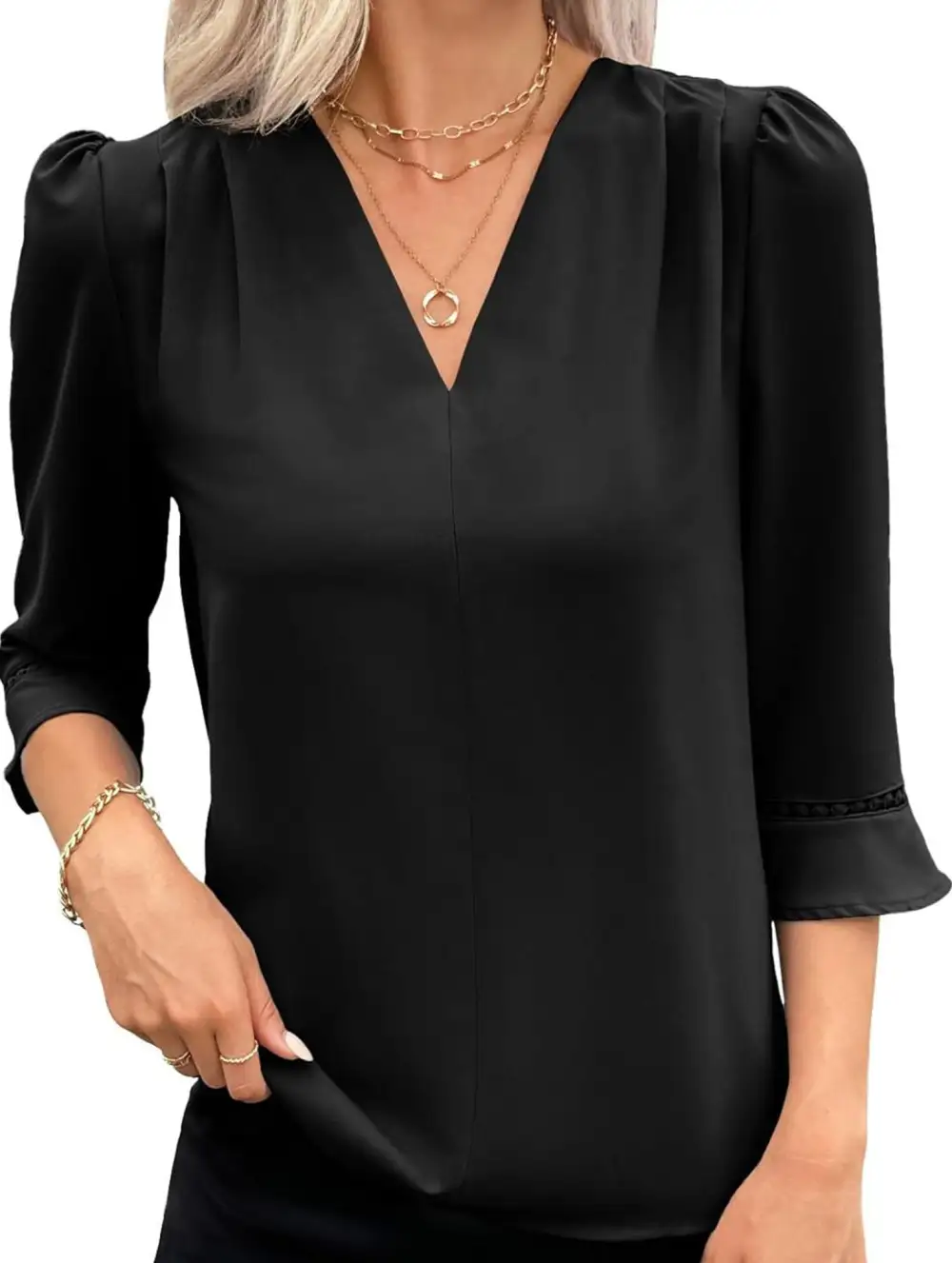 V Neck Office Three Quarter Sleeve Blouse